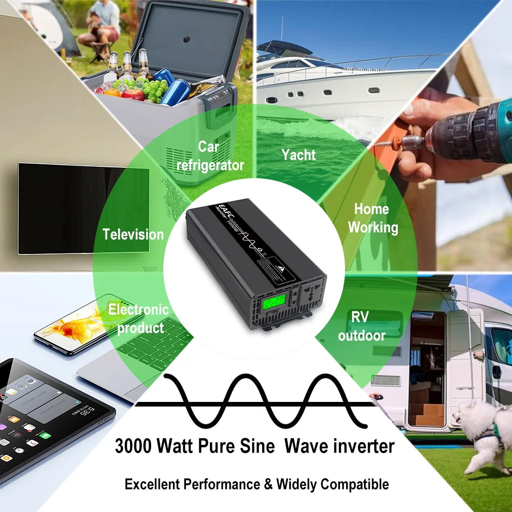 Universal 3000W Power Inverter DC 12V to AC 220V with USB Port – Solar/Car/Home Use Pure Sine Wave for LED Display RV Camping