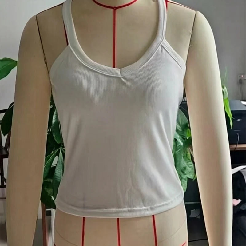 Women Sexy V Neck Sling Camisole Solid Color Halter Tank Top With Built-in Padded Bra Breathable Outer Wear Inner Daily Casual