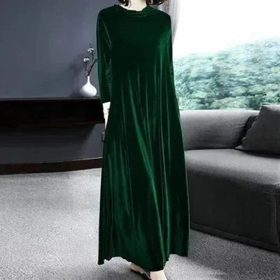 Elegant Velvet Long Dress for Middle-Aged And Elderly Women Autumn New Style Korean Version Loose Fit Long Sleeve Dress