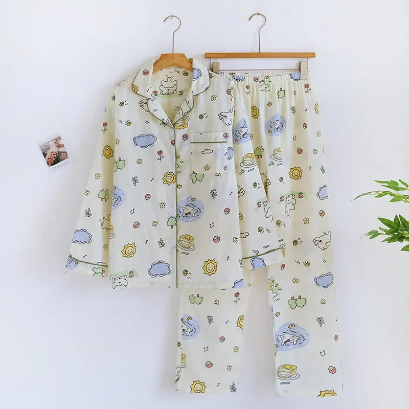 2026 Spring/Summer New Women's Pajama Set 100% Pure Cotton Double Layer Gauze Long Sleeve Two Piece Cartoon Cute Sweet Home Fury