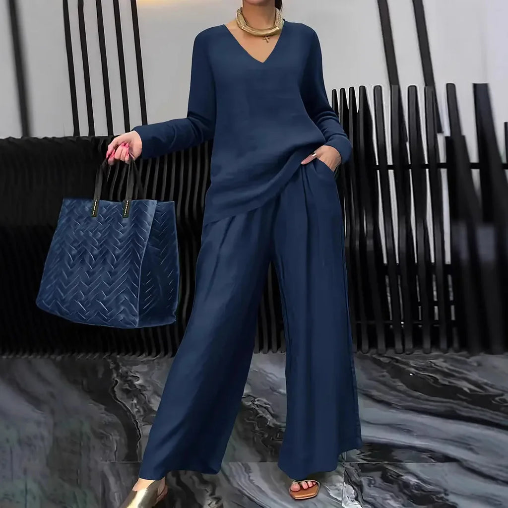 Summer New Pant Sets Fashionable V-neck Top+ Long Pants 2 Piece Set 2026 Women's Casual Loose Outfit Two Pieces Set Female Suit