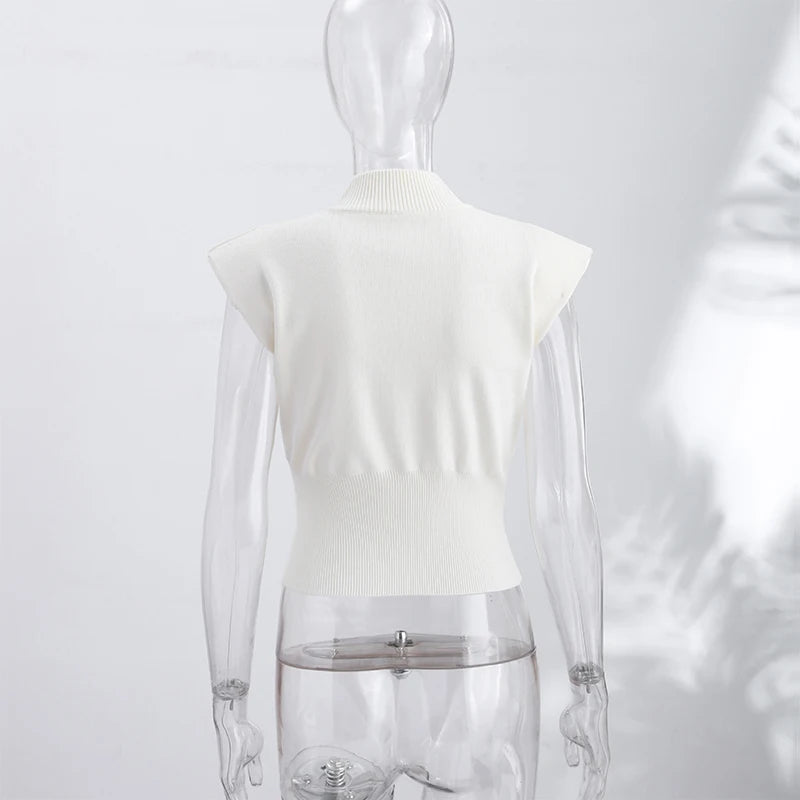 Sleeveless Padded Shoulder Women's Knitted Vest Half Turtleneck Double Zipper Cropped Slim Solid Knit Cardigan Street New Tops