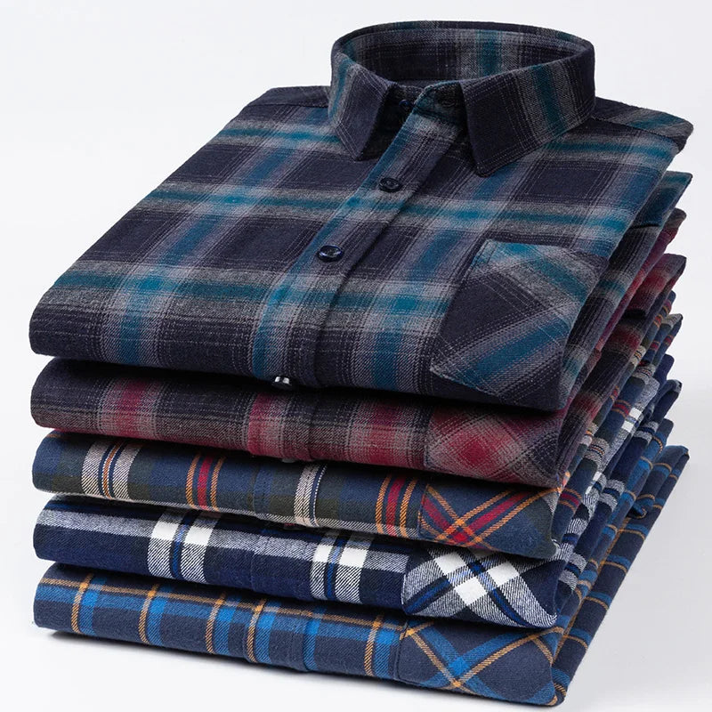 Classic Retro Plaid Flannel Shirt Long Sleeve 100% Cotton Fashion Casual Soft Spring Autumn Winter Standard Pocket Men's Shirt