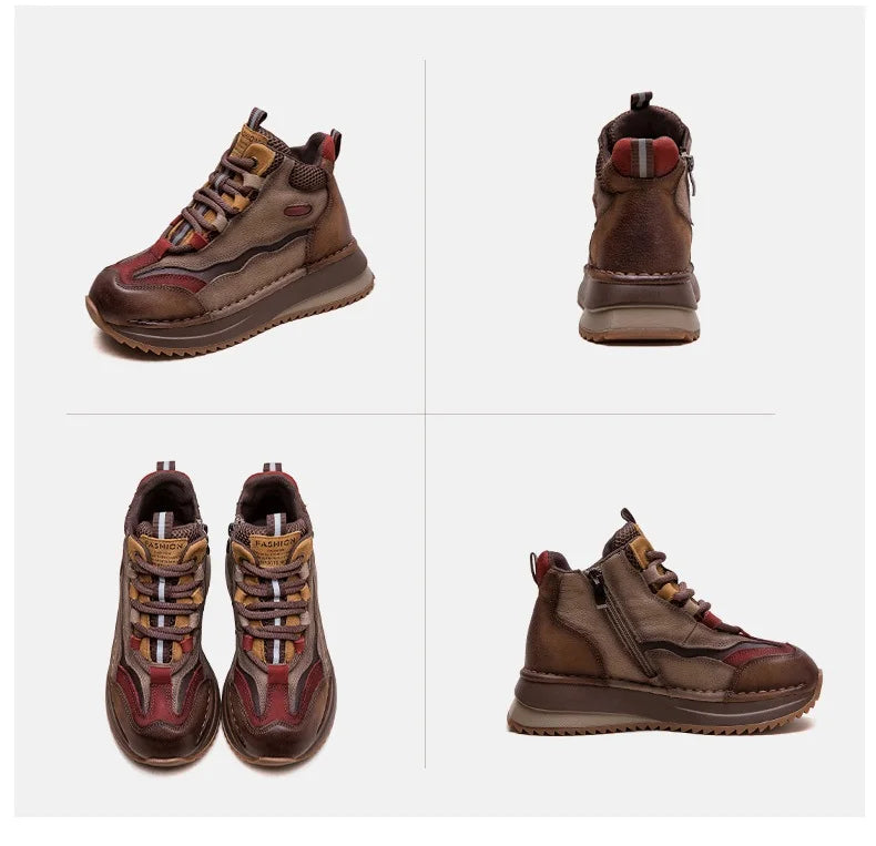 DRKANOL 2026 Women Boots Autumn Winter Mixed Colors Genuine Cow Leather Warm Ankle Boots Ladies High Top Casual Sneakers Shoes