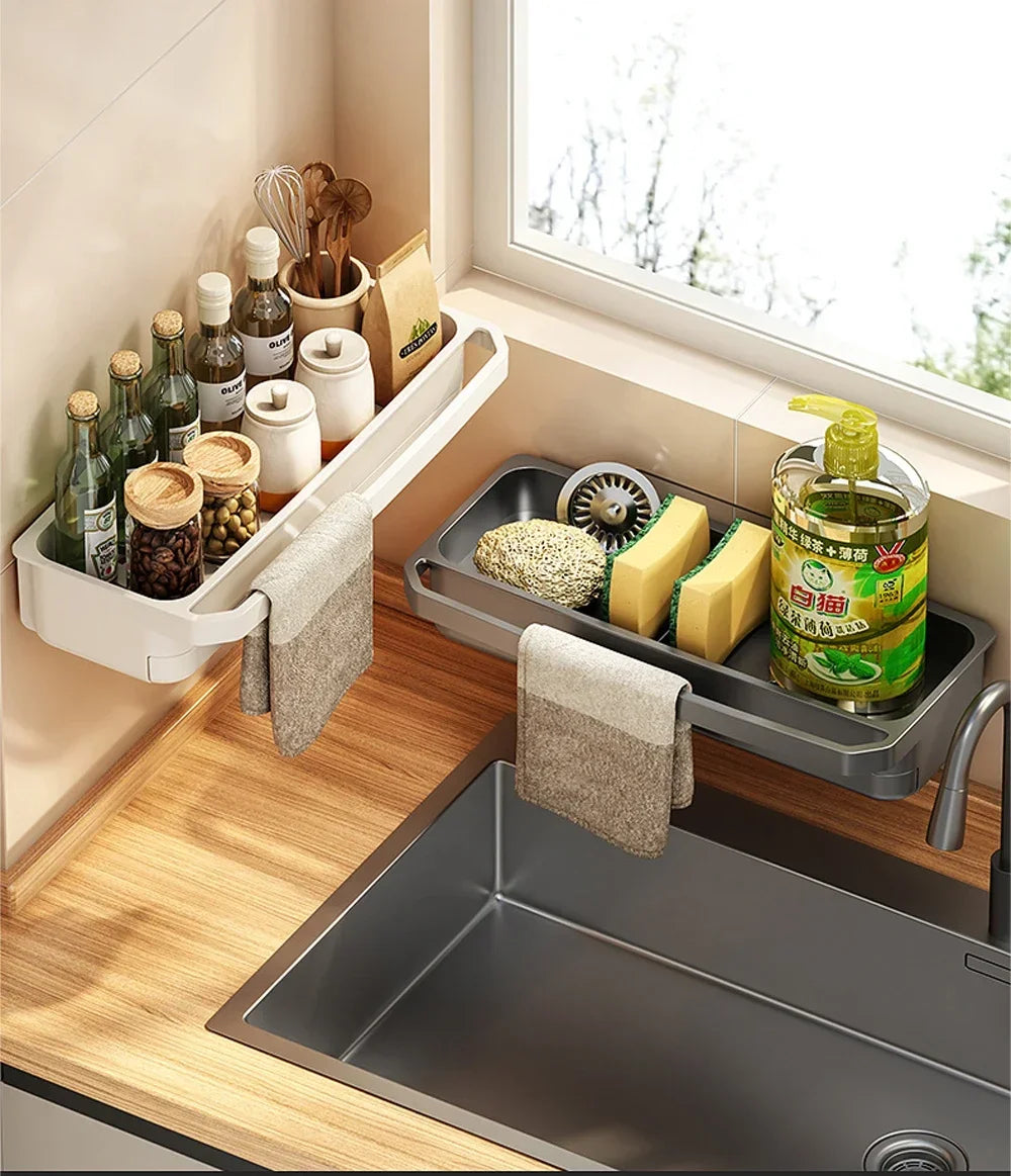Kitchen Sink Organizer Drain Rack Self-draining Shelf Sponge Holder Dishcloth Faucet Storage Soap Drainer Kitchen Accessories