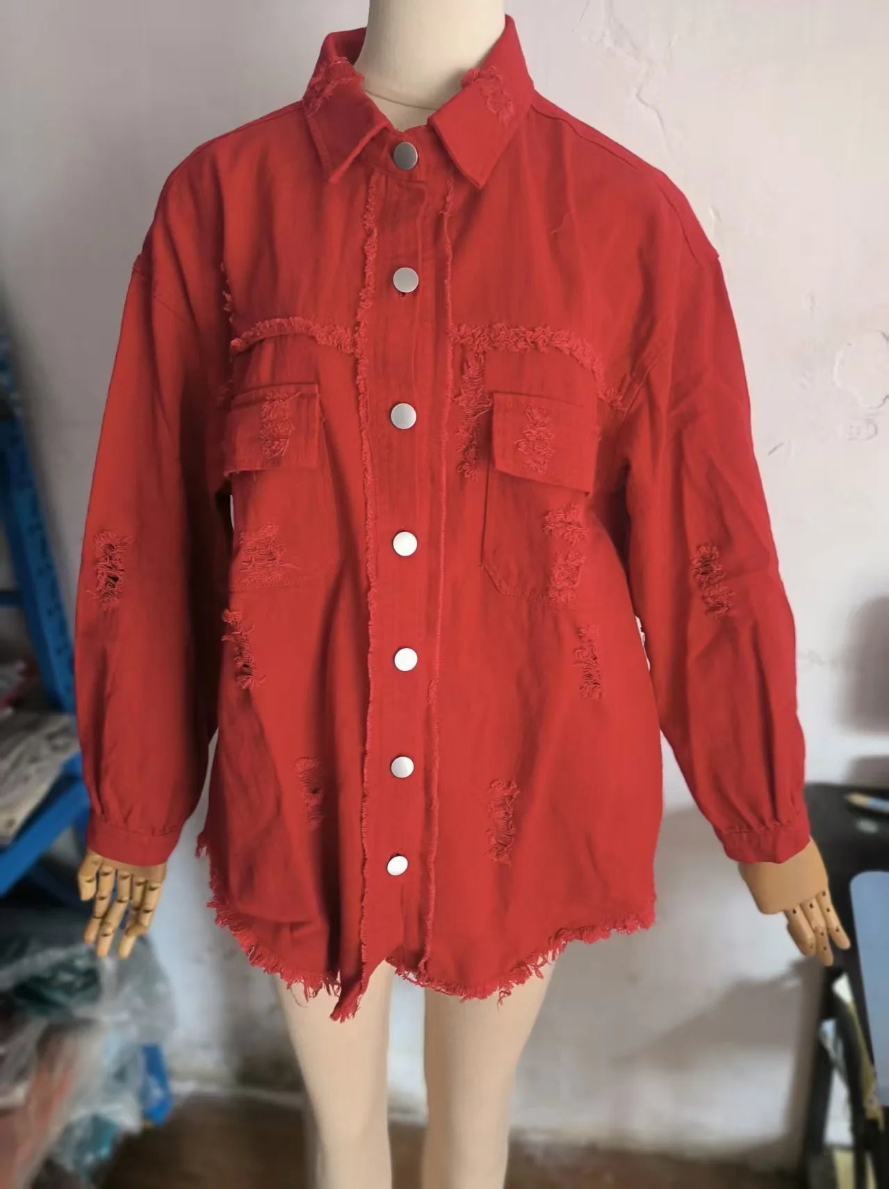 Women's Fashionable Solid Color Mid-Length Ripped Denim Jacket Long-Sleeved Spring Autumn Trend