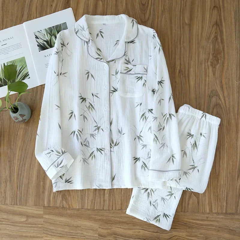 New large size pajamas women cotton crepe home service cotton long sleeve trousers suit simple and comfortable summer and autumn