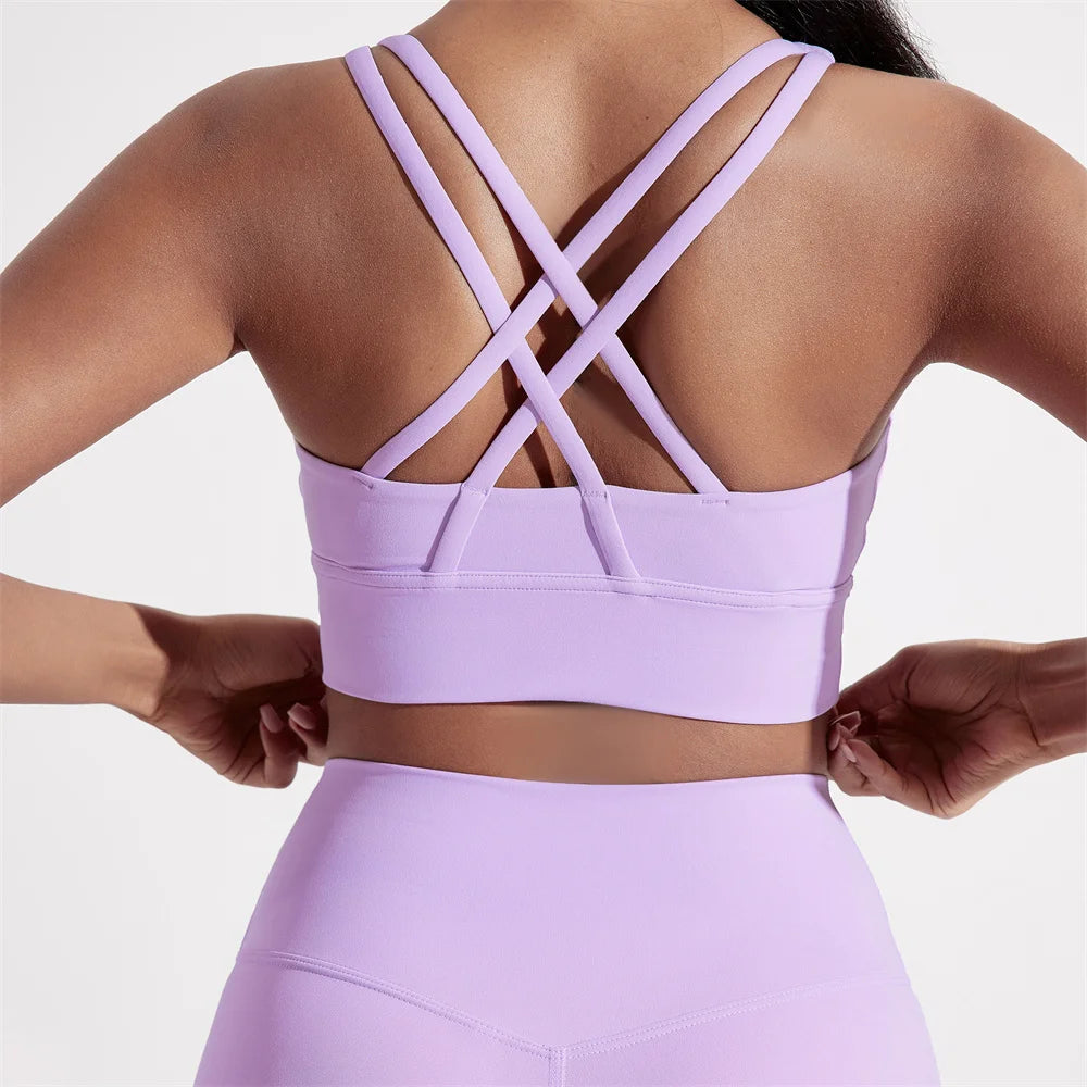 Solid Color Women Fitness Sport bra top soft tight Comprehensive training jogging gym yoga underwear cross back With chest pad