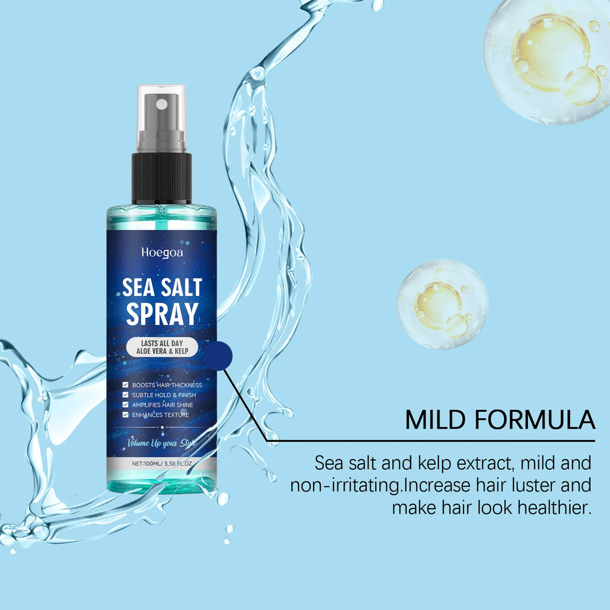 Hoegoa Sea Salt Hair Styling Spray Long Lasting Enhance Curl Moisturizing Lightweight Gentle Ingredient Hair Volume Spray 100ml