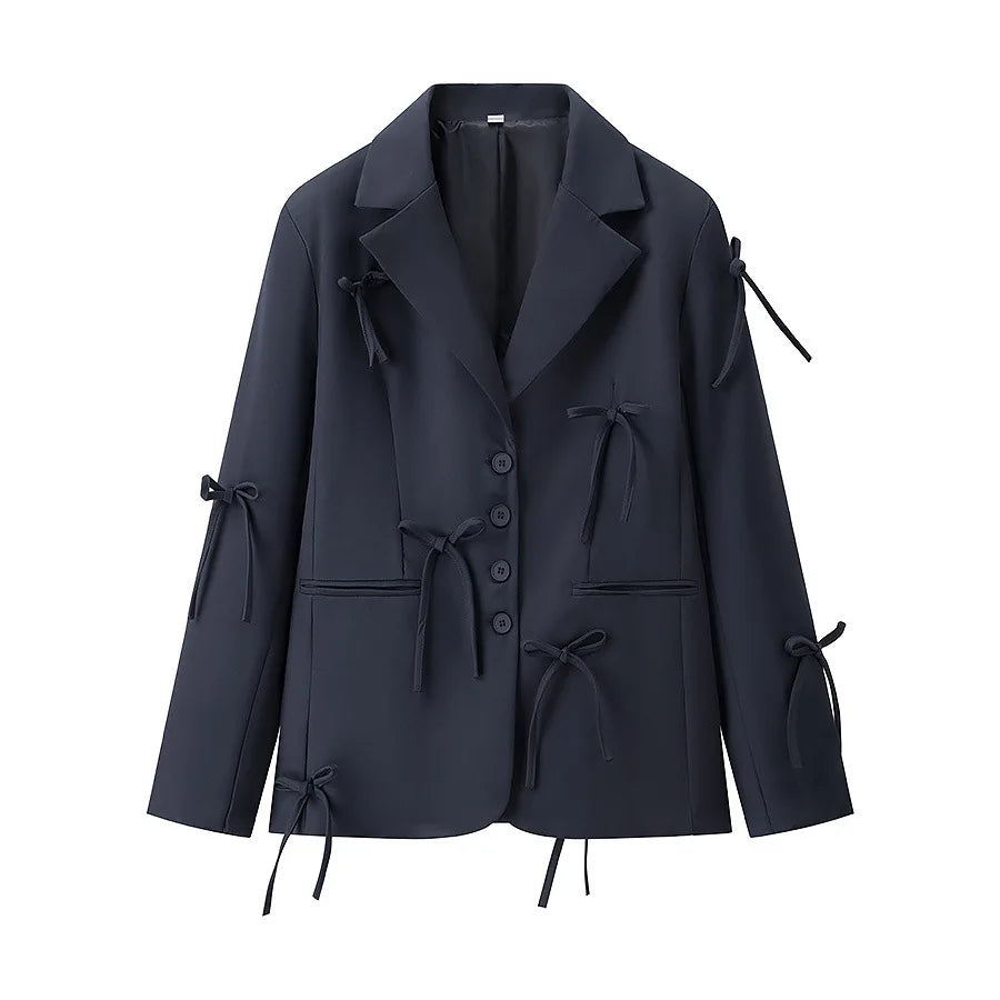Women's Solid Color Oversized Blazer Bow Detail Lapel Collar Button Casual Jacket Stylish Elegant Office Lady Streetwear Coat