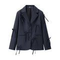 Women's Solid Color Oversized Blazer Bow Detail Lapel Collar Button Casual Jacket Stylish Elegant Office Lady Streetwear Coat