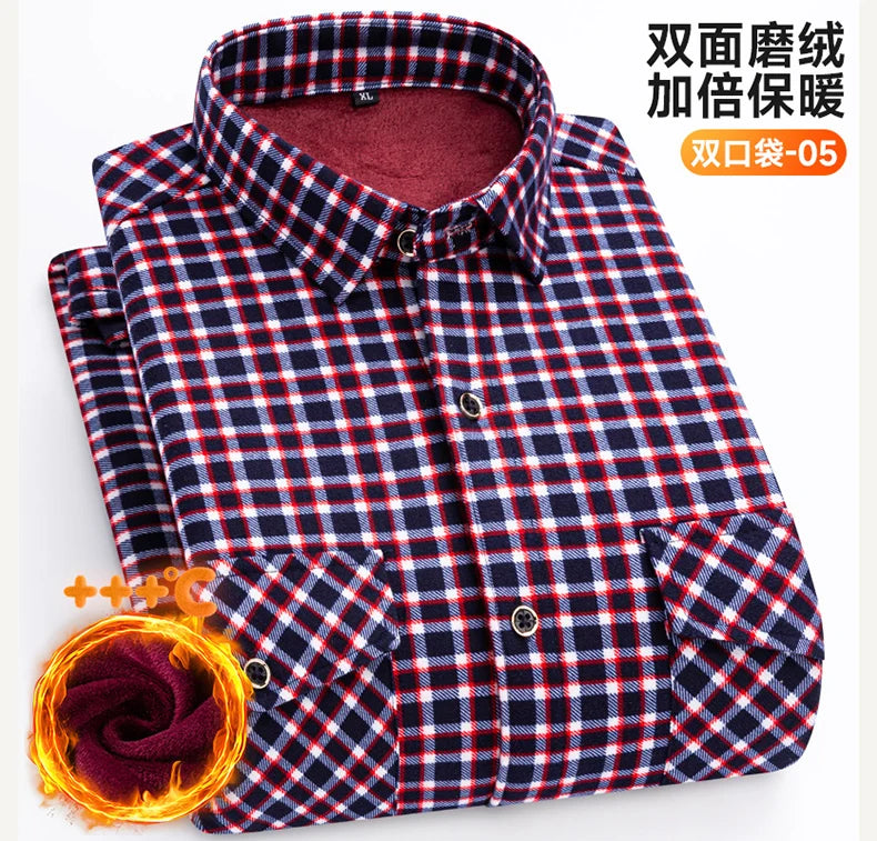 2025 Autumn Winter Men's Fashion Plaid Striped Print Shirts Double-sided Fleece Long Sleeve Thick Warm Shirts Soft Big Size 7XL