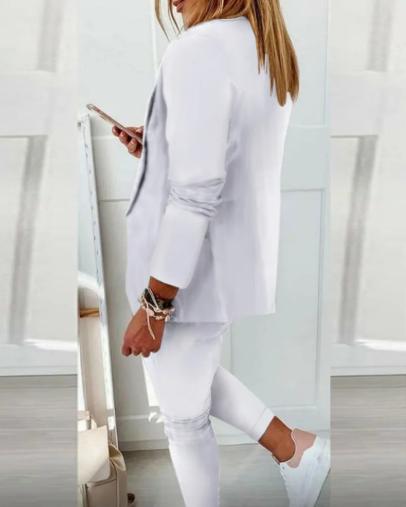 2024 Women's Two Piece Pant Suit Set Outfits Spring Autumn Turn Down Print Blazer Coat Drawstring Pants Suit Women Casual Sets