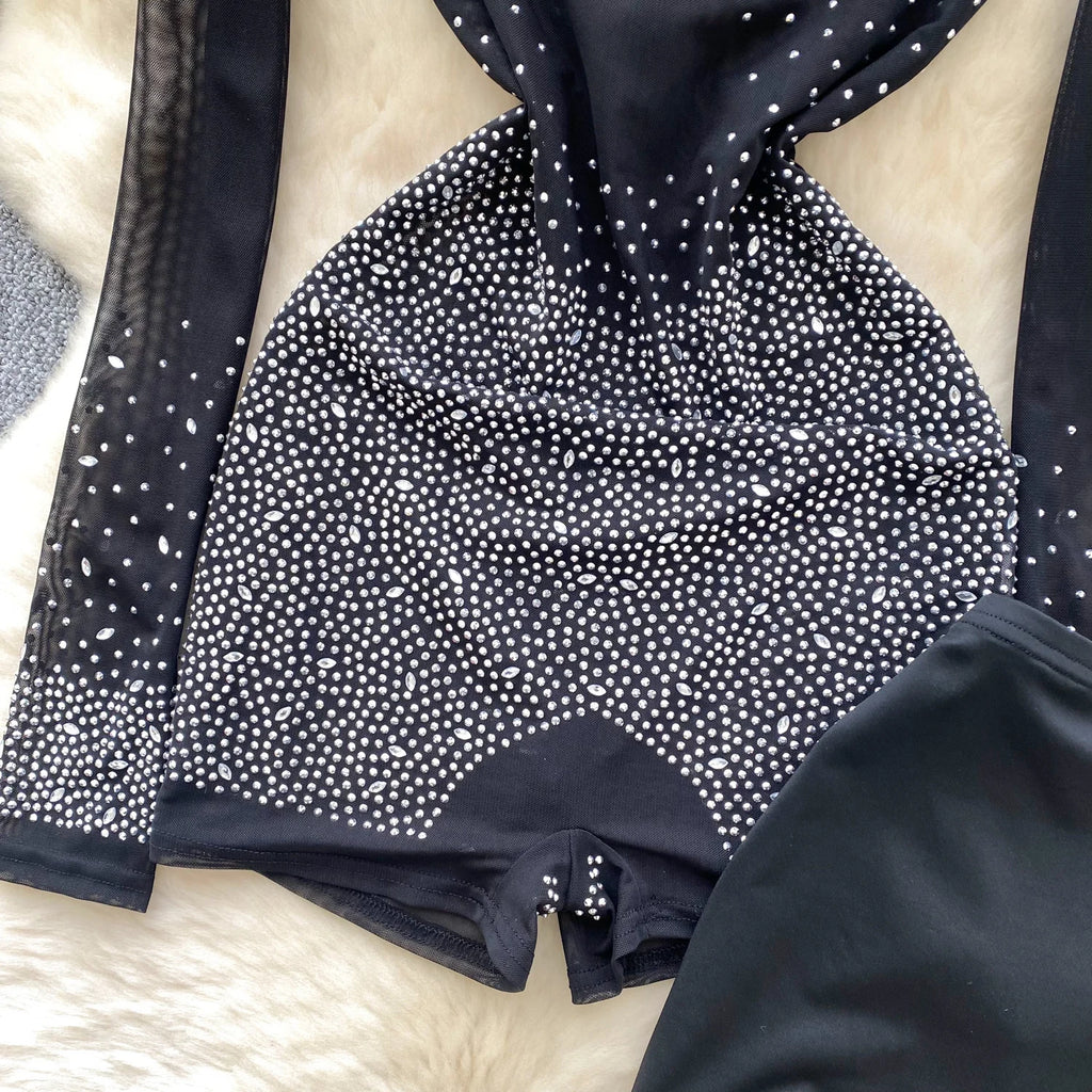 SINGREINY Summer Thin Sheer Sexy Bodysuit Long Sleeve Zipper With Shorts Design Rompers Beadings Streetwear Women Mesh Playsuits