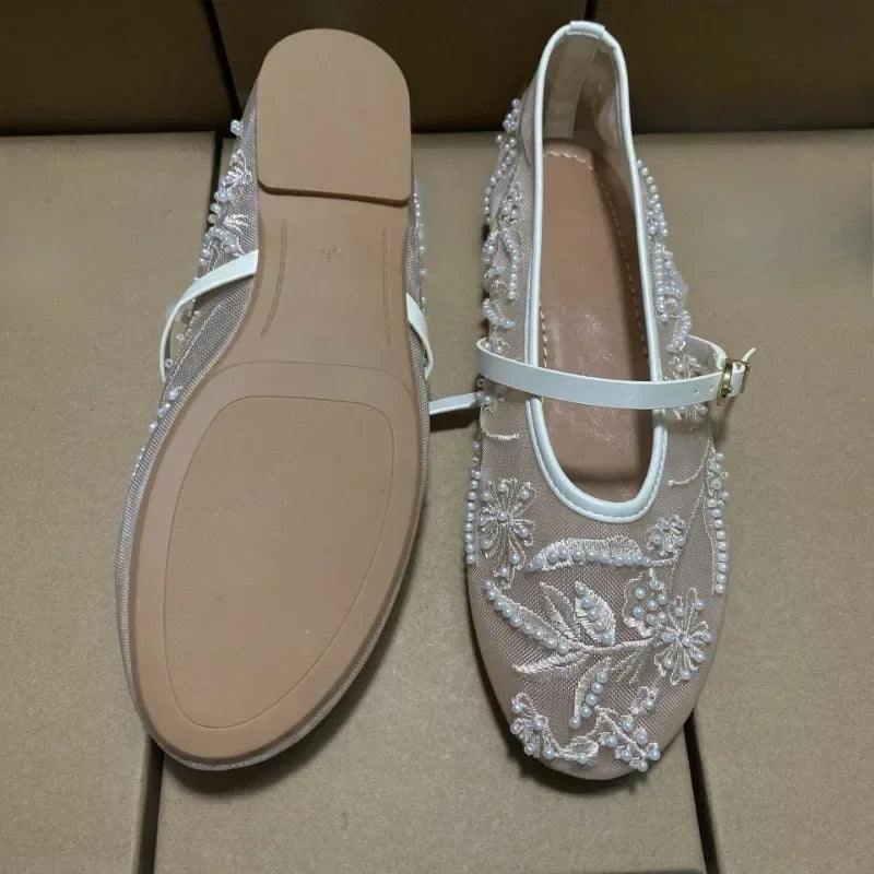 Mesh Embroidery Flower Ballet Flats Women Comfort Round Toe Breathable Mary Jane Shoes Fashion Brand Designer Shoes for Ladies