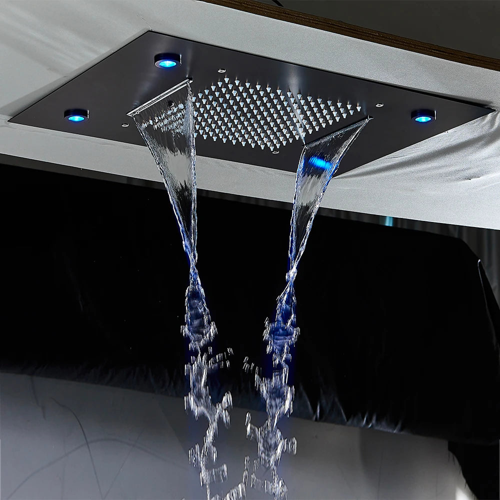 Digital Display Thermostatic Rain Shower System Set 14 X 20 Inch Waterfall Rainfall LED Ceiling Shower Head with HandShower