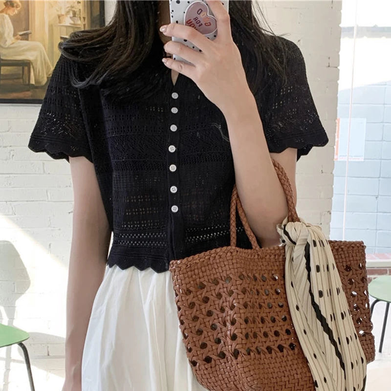 Chic Hollow Out Knitted T-Shirt Women 2026 Summer Button Up Short Sleeve Crop Tee Woman All Match Round Neck T Shirt Female
