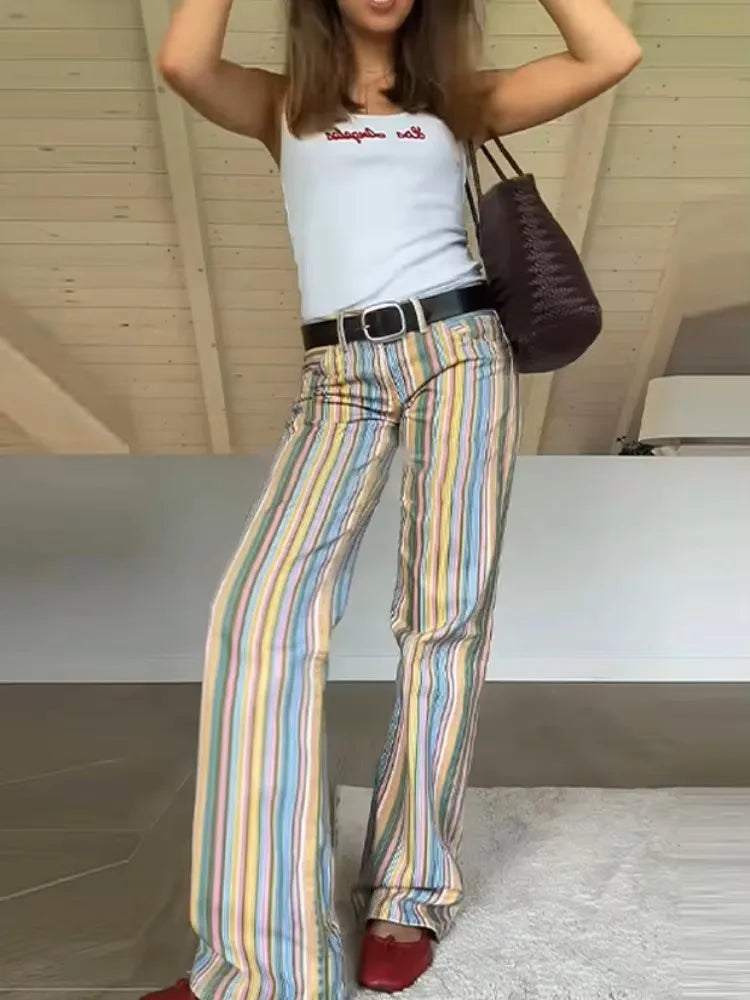 Multicolor Striped High Waisted Pants Straight Leg Retro Full Length Colorful Trousers 2026 Spring Casual Fashion Daily Wear
