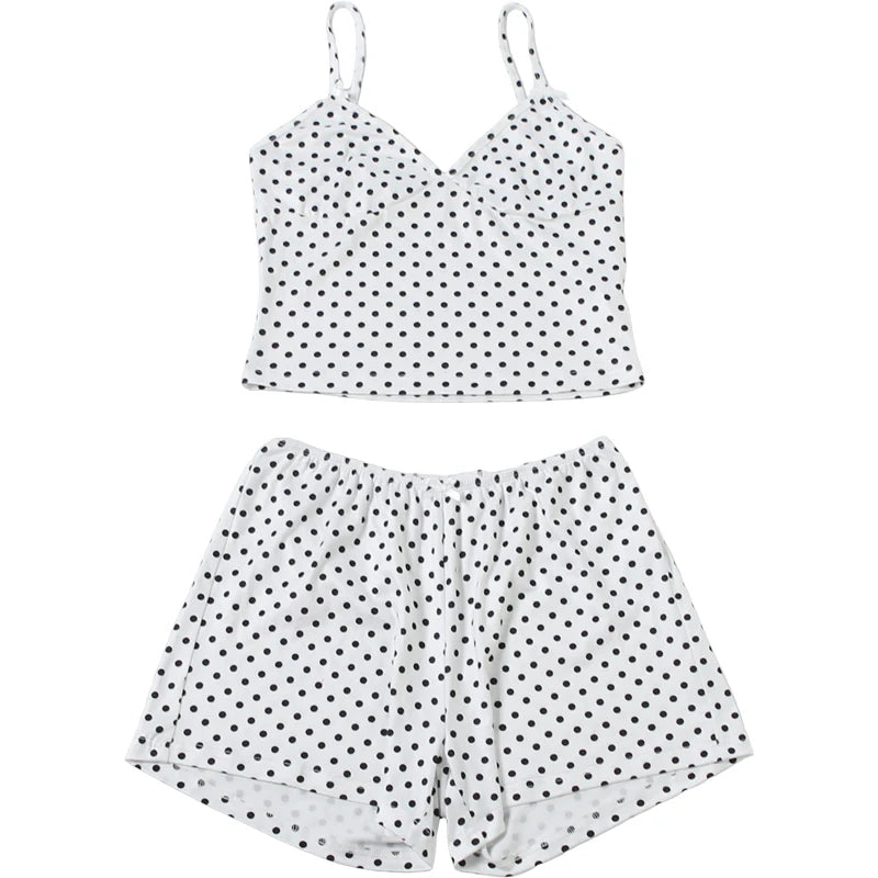 Nibber Street Bow Applique 2 Piece Set Women Fashion Polka Dot Print Low-Neck Sleeveless Camisole+Bike Short Sexy Party Suit