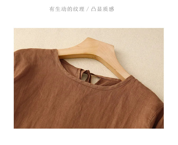Summer Cotton Linen Blended Thin And Breathable Dress Women Literary Big Swing Short Sleeve Solid Loose Casual Female Dresses