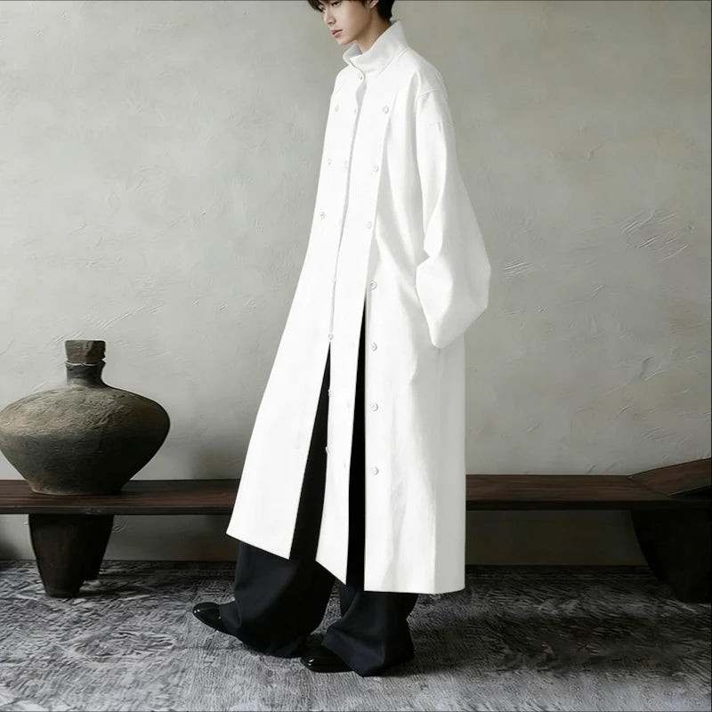 INCERUN Men Long Style Shirt Solid Stand Collar Long Sleeve Male Tops Camisas Streetwear Triple Breasted Fashion Men Clothing