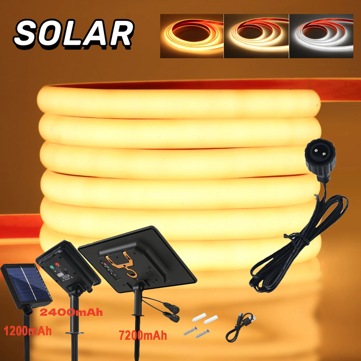Solar Neon Light Strip 24V COB Waterproof IP68 Flexible LED Tape Red Green Blue Warm White 320LED/m High Density Linear Lighting