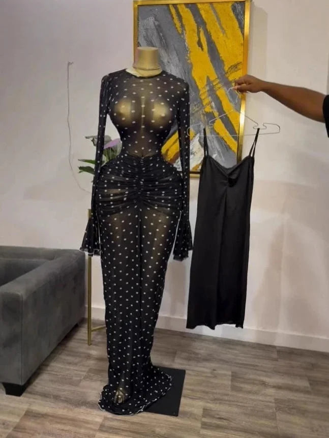 CM.YAYA 2025 Women Long Sleeve Ruched Mesh See Though with Lining Bodycon Long Dress Fall Evening Birthday Sexy Party Dresses