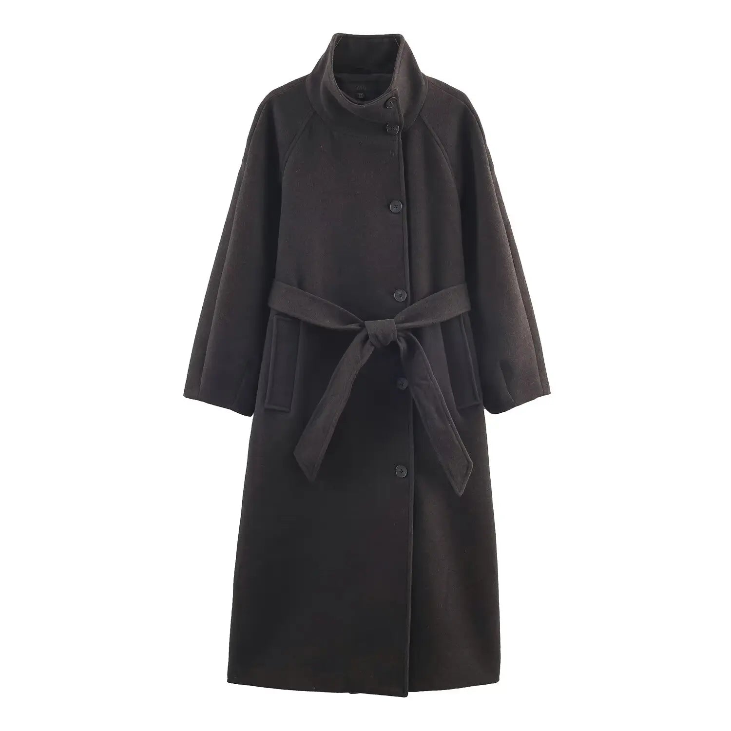 Ladies'Elegant High-End Grey Woolen Coat Women Stand Collar Single Breasted With Belt Long Coat Commut Casual High Street Coat