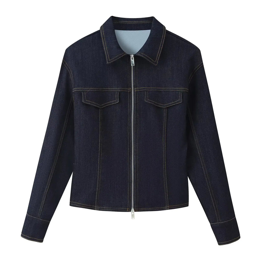 HH Women's Fashion Vintage Denim Suit Slim Lapel Long Sleeve Zipper Denim Cardigan Jacket+Mid-Rise Slim Zipper Long Jeans Mujer