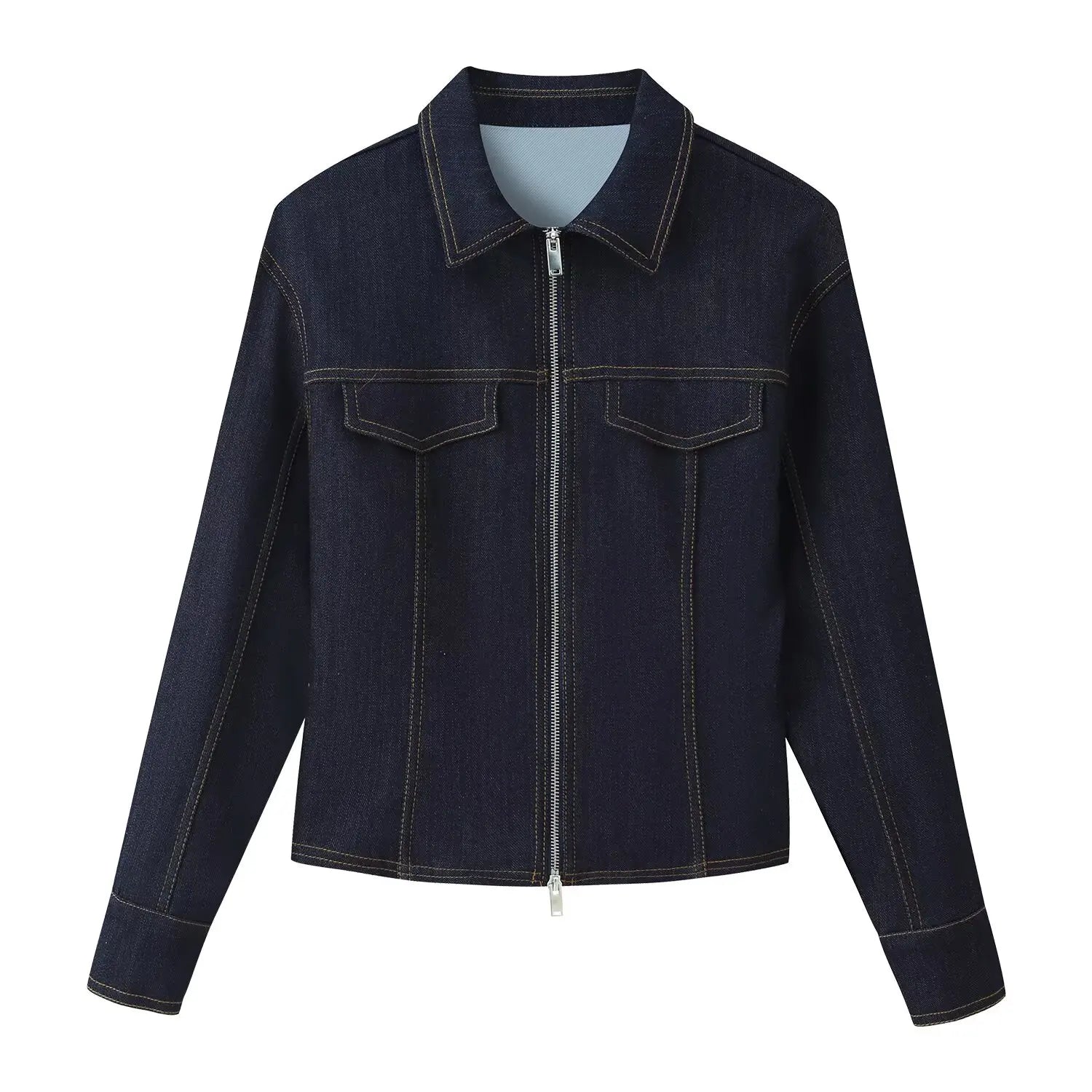 HH Women's Fashion Vintage Denim Suit Slim Lapel Long Sleeve Zipper Denim Cardigan Jacket+Mid-Rise Slim Zipper Long Jeans Mujer