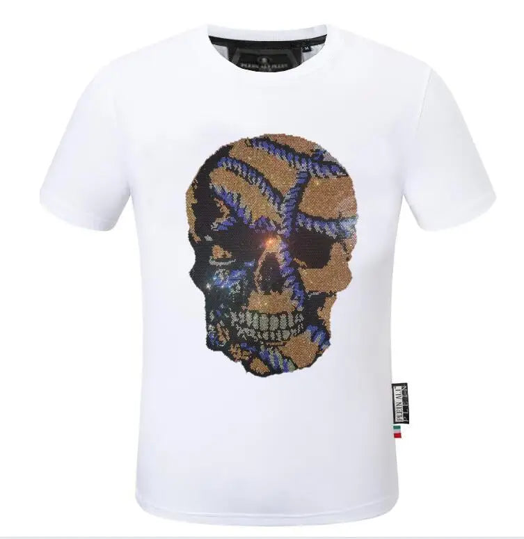 2025 Summer New Luxury Men's Fashion Skull Design Rhinestones T-Shirt Pure Cotton Crew-Neck Casual High Quality