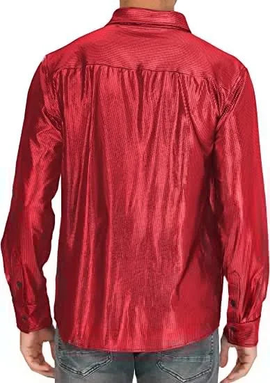 Metallic Shiny Polyester Dress Shirts for Men Black Solid Gold Red Silver Long Sleeve Turn Down Collar Prom Disco Men's Shirt