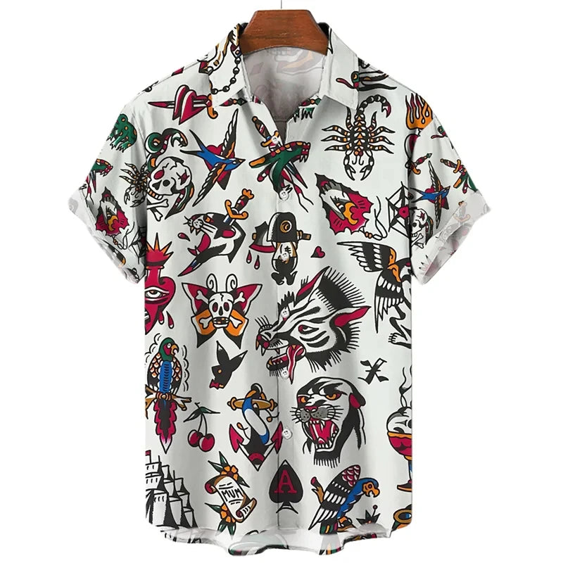 3D retro digital printed men's lapel short sleeved shirt