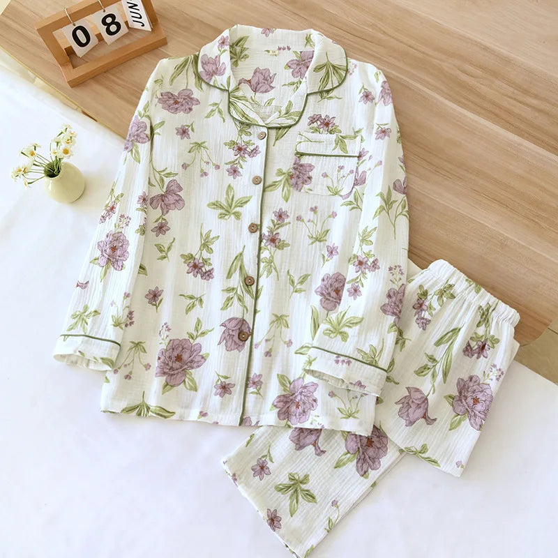 2026 Spring and Autumn Women's Pajama Set 100% Cotton Crepe Long sleeved Pants Two piece Cute and Sweet Home Fury Set Ladies