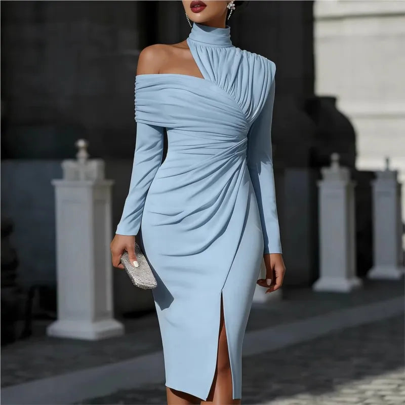Women's Elegant Off Shoulder High Neck Midi Dress Long Sleeve Ruched Bodycon Package Hip Dress With Slit Formal Party Dress New
