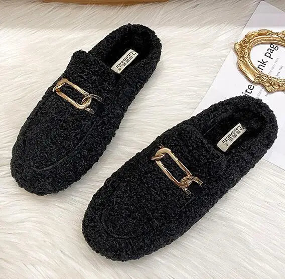 Winter Warm Plush Mules Women One Band Fur Slippers Cozy Cotton Shoes Woman Flats Cover Toe Fleeces Slides Femme Wool Pantuflas