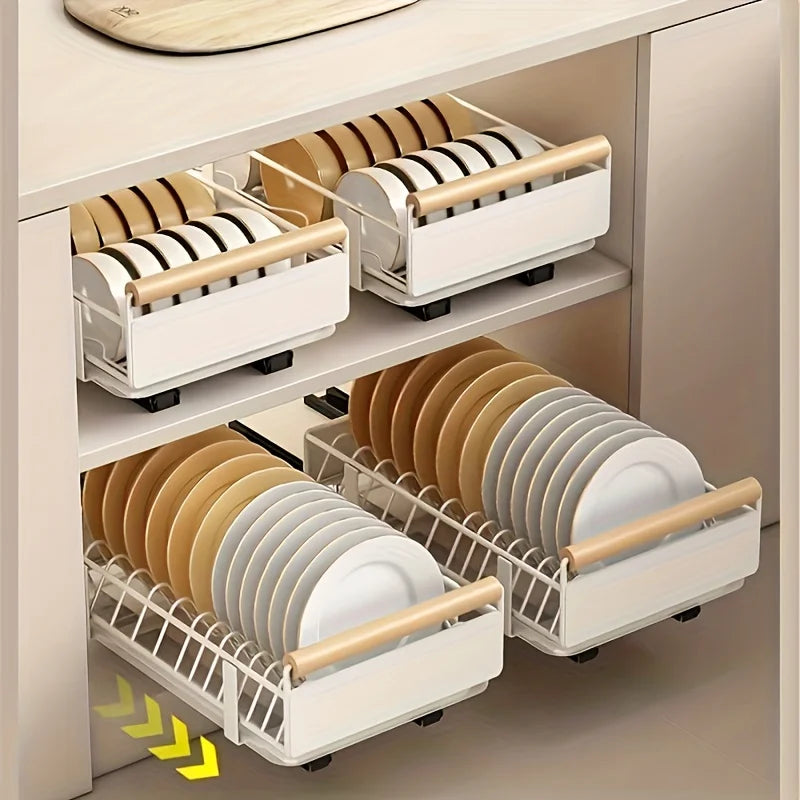 Space-Saving Kitchen Drawer Organizer, Pull Out Storage Rack for Storing Plates, Bowls, and Spices Kitchen Organizer and Storage