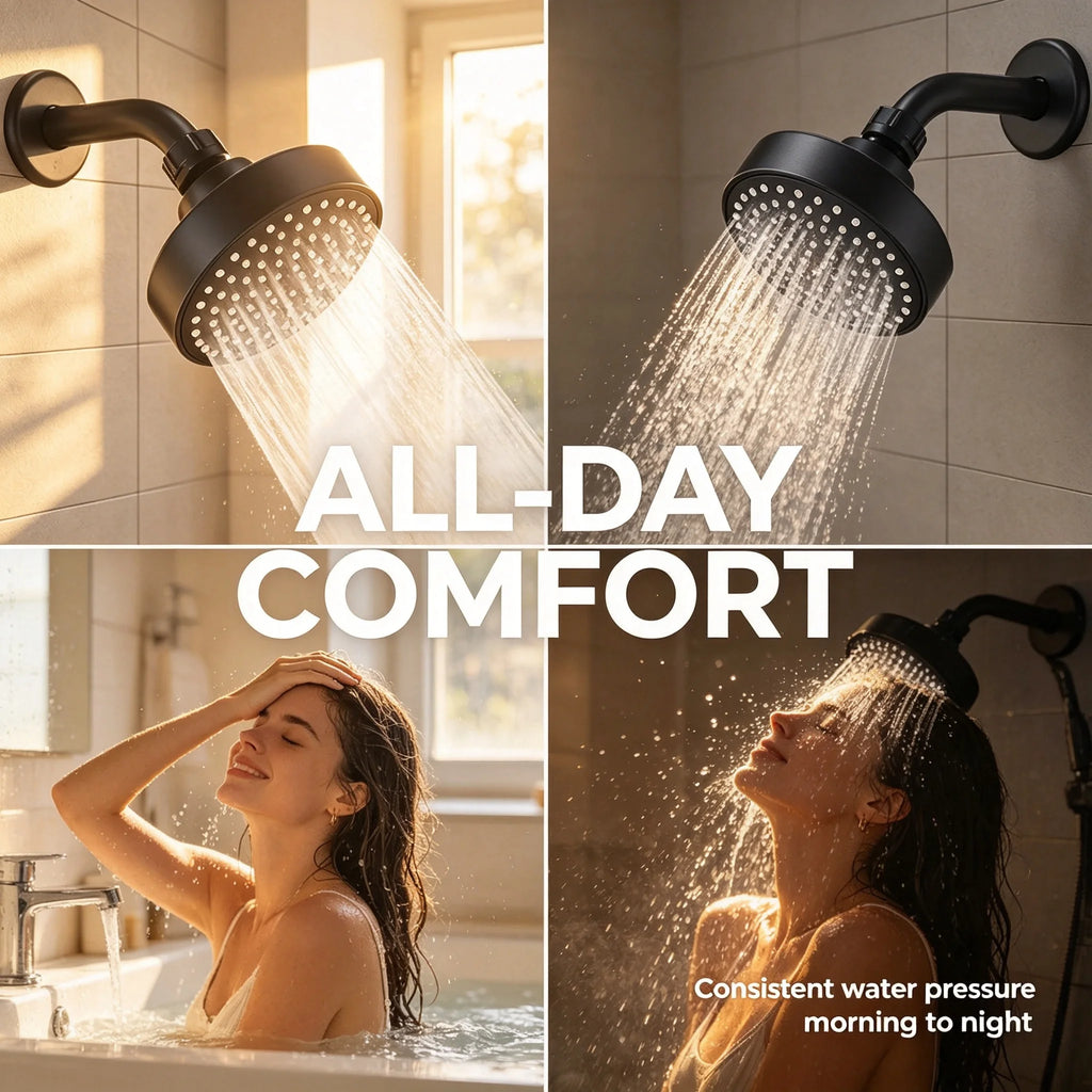 Modern Matte Black High Pressure Rainfall Shower Head with Wall Arm Large Round Fixed Overhead Spray Soft Silicone Jets