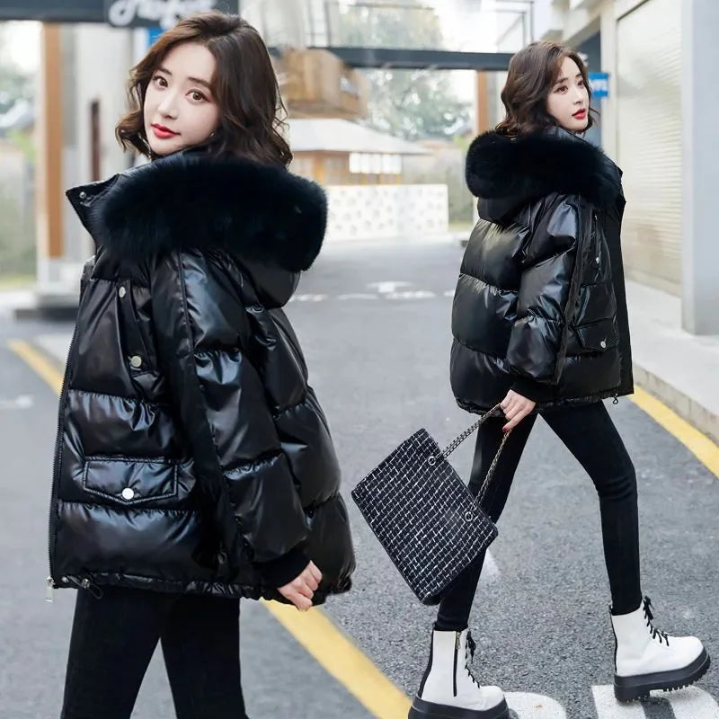 2026 Winter Fashion New Warm Duck Down Jacket Women's Clothes Glossy Fur collar Thicken Parka Short Down Coat Female Trend