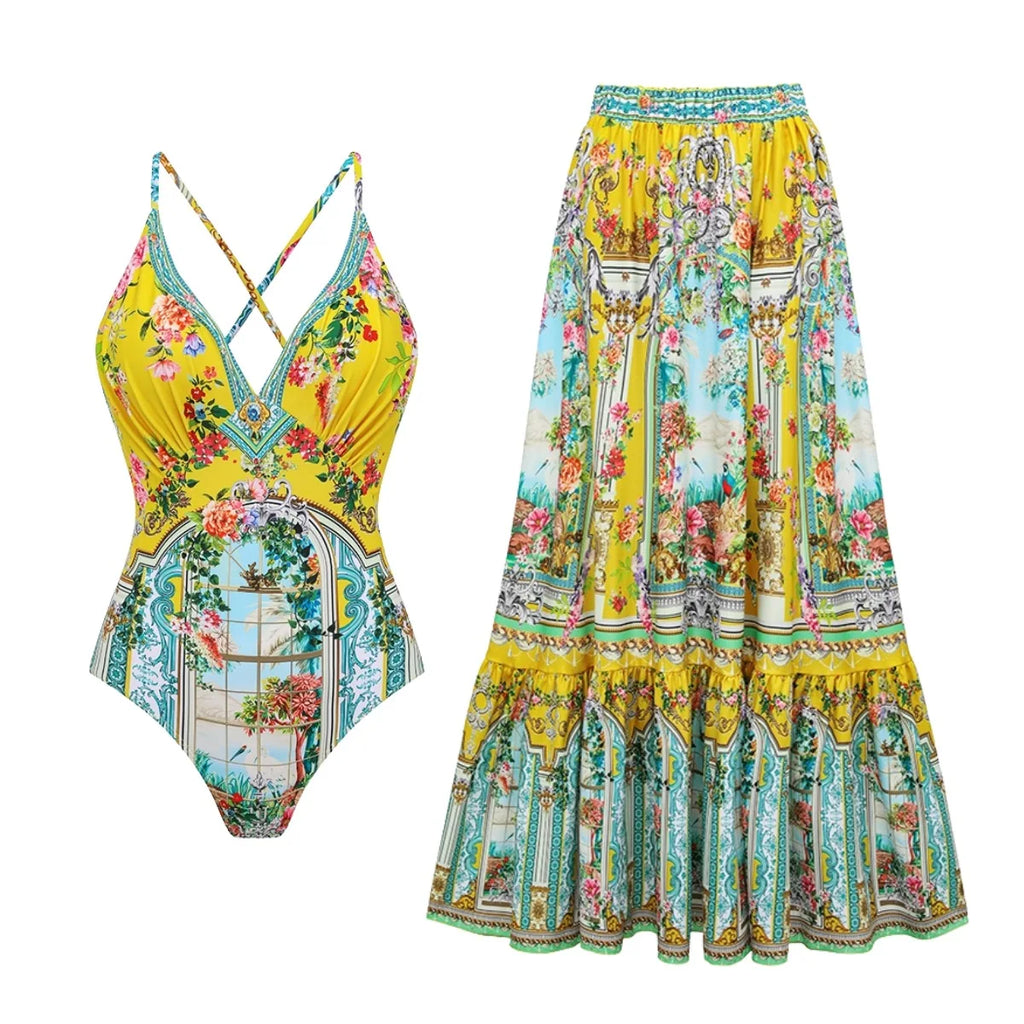 Retro Bikini Printed Fashion Two Piece Swimsuit And Cover Up With Skirt Tight Women's Bandage Summer Beach Luxury Elegant