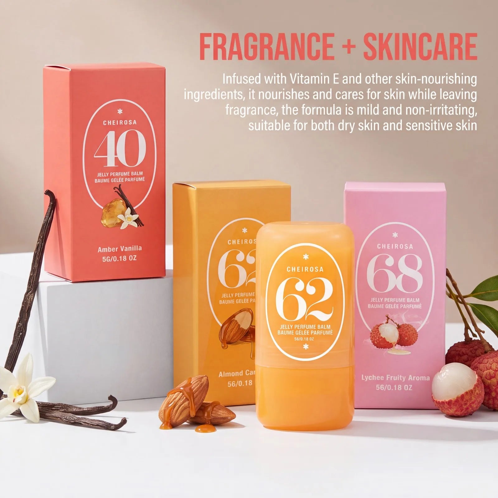 Jelly Perfume Balm 3 Scents 40 Amber Vanilla 62 Almond Caramel 68 Lychee Fruity Long Lasting Portable Travel Solid Perfume