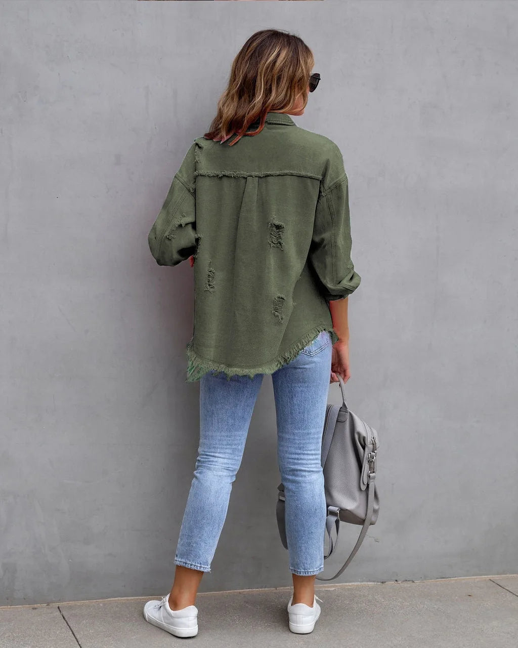 Women's Fashionable Solid Color Mid-Length Ripped Denim Jacket Long-Sleeved Spring Autumn Trend