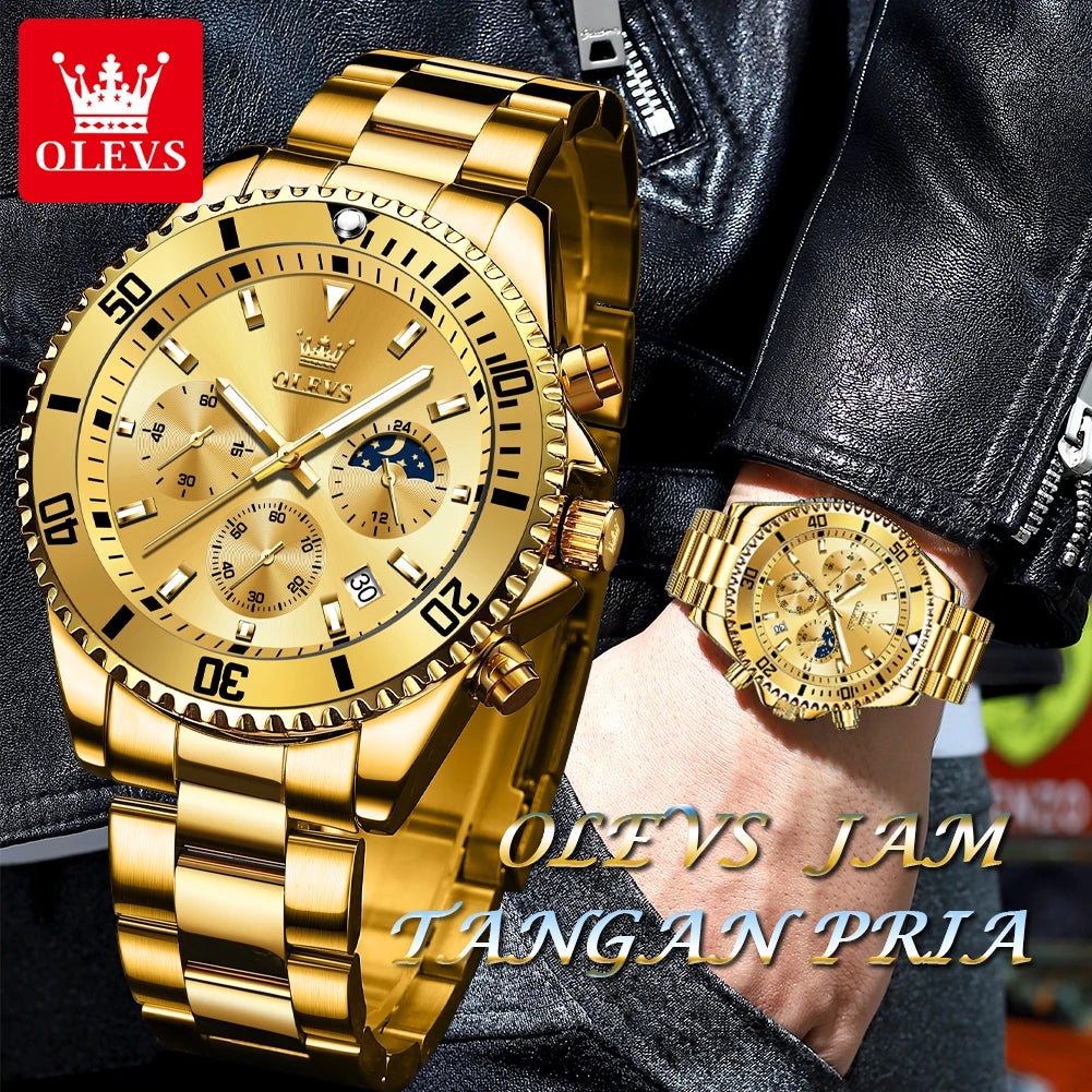 OLEVS 2870 Gold Men Watch Luxury Original Diving Series Men Watch Calendar Moon Phase Chronograph Sport Men Quartz Watch Gift