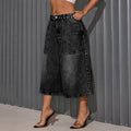 Women's Denim Shorts Mid Waist Wide Leg Faded Wash Multi Pockets Knee Length Loose Fit Vintage Casual Bermuda Jean Culottes
