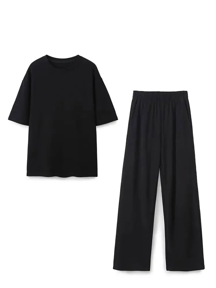 HH Women Vintage Solid Shirts Pant Sets O Neck Short Sleeve Shirts Top + Elastic Waist Loose Trousers Spring Commuting Suit