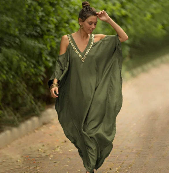 SuperAen Beach Blouse Solid Spaghetti Strap Embroidered Cotton Holiday Robe Bikini Sunscreen Shirt Loose Dress Women