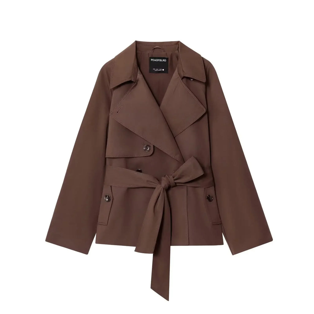 Women Lapel Lace Up Short Trench Coat Casual Full Sleeve Double Breasted Loose Cropped Windbreakers 2026 New Lady Commute Coats