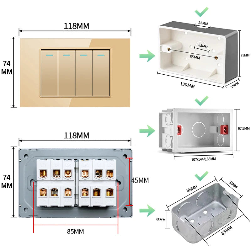 PSSRISE AU EU Brazil Italy US Standard 1/2/3/4/5/6 Gang 2 Way Wall light switch Tempered glass Panel Switch 118*74mm AC110-250V