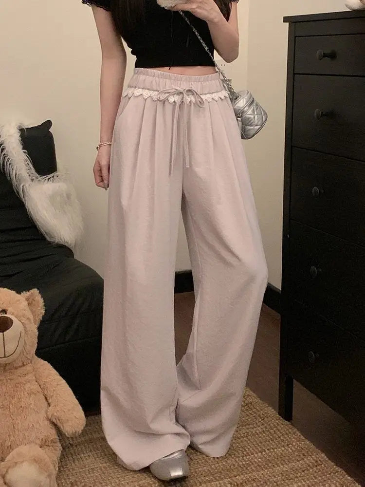 Women Lace Trim Wide Leg Pants Elastic Drawstring Waist Loose Casual Trousers Multiple Colors