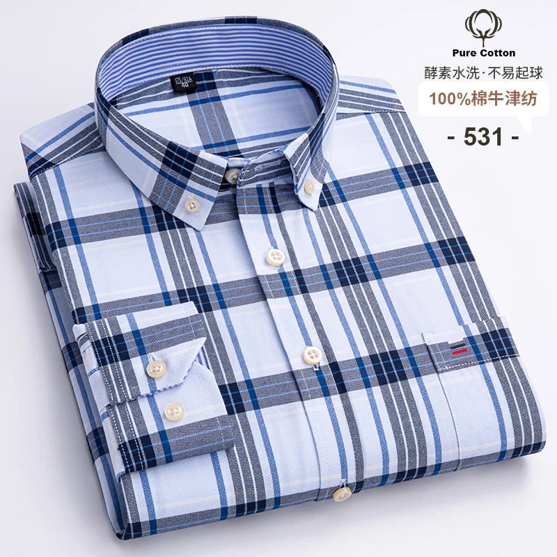 2024 Fashion Men Work Business Brand Shirt Mens Plaid Cotton Casual Dress Shirts Slim Fit Long Sleeve Button Down  Chemise Homme
